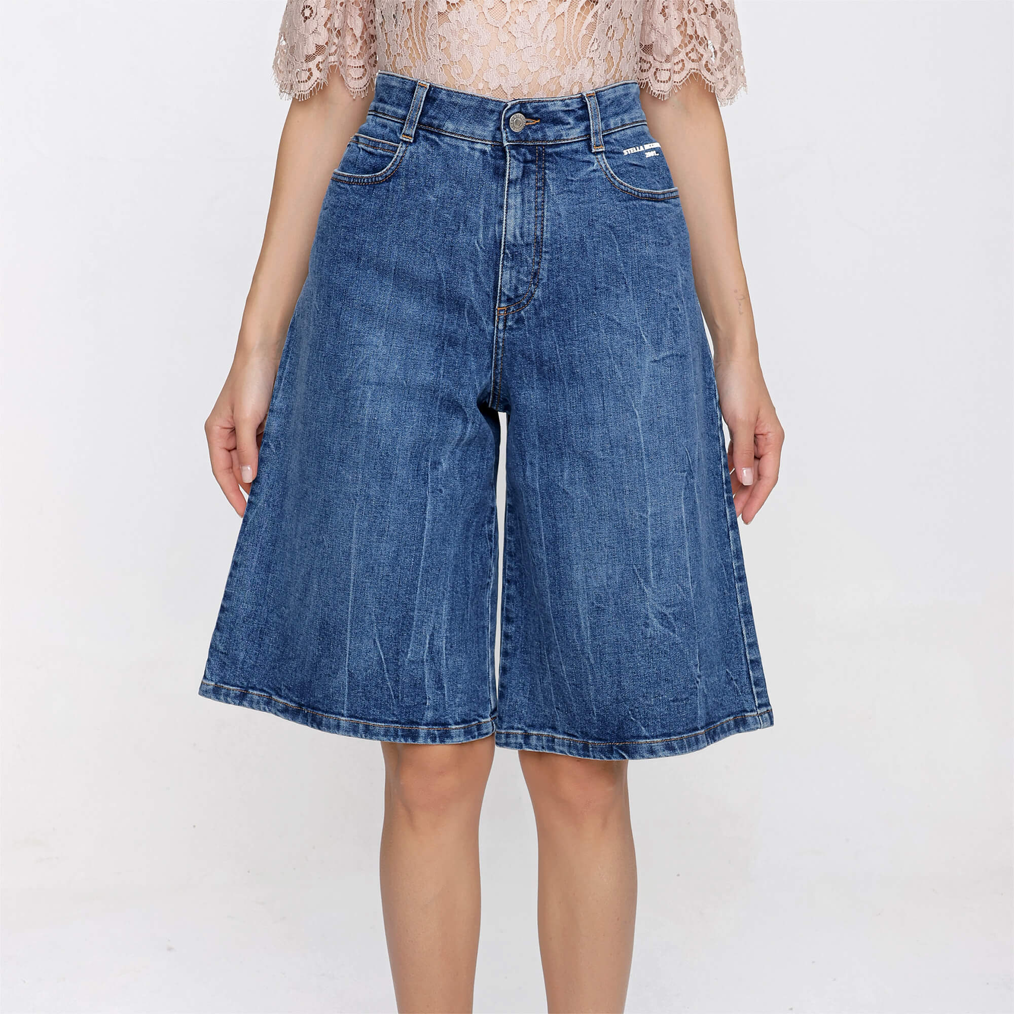 Stella McCartney - Blue Cotton Blend Denim Wide Leg Shorts